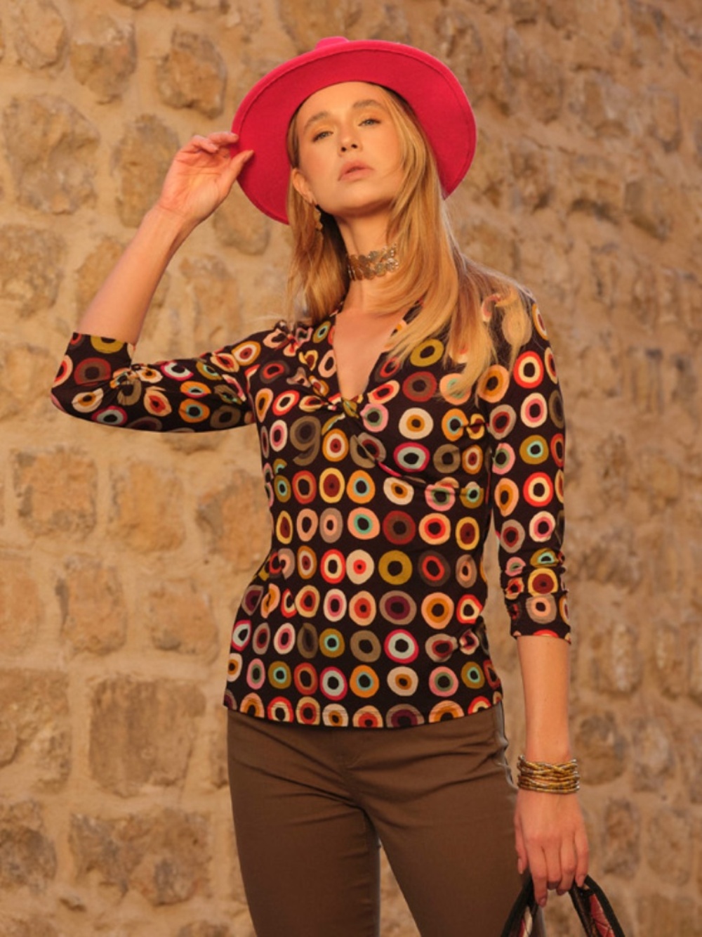 Dolcezza Moving Target Abstract Retro Multi Colour Ruched V-Neck Top Small  NWT